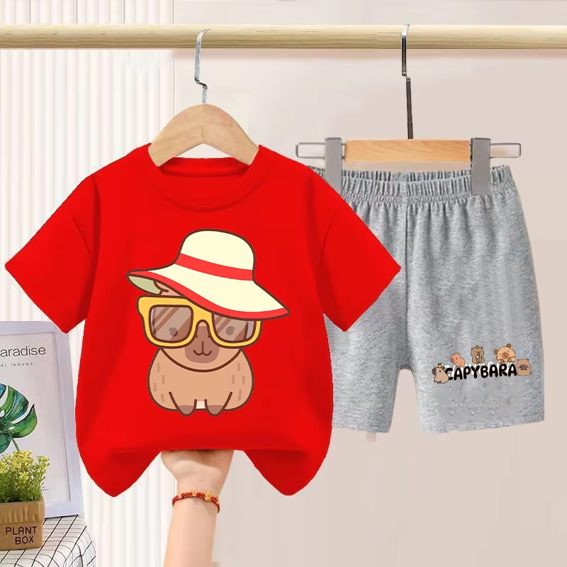 The boys, girls, and animal lovers can enjoy two pieces of cartoon child shirts, each consisting of a short sleeve cotton t shirt, and an athletic suit.