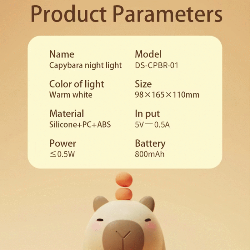 This product is labeled as the "Children's Adorable Silicone Capybara Night Light - USB Rechargeable Animal Touch Bedside Sleep Lamp with Timing Feature" - Image 4