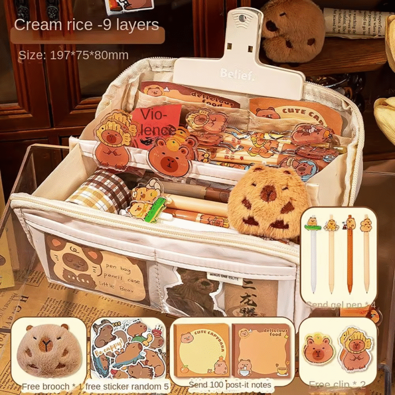 This case is designed in a cute capybara pattern and is a large pencil case designed to hold multipurpose stationery with large capacity which has 9 layers for easy storage and access