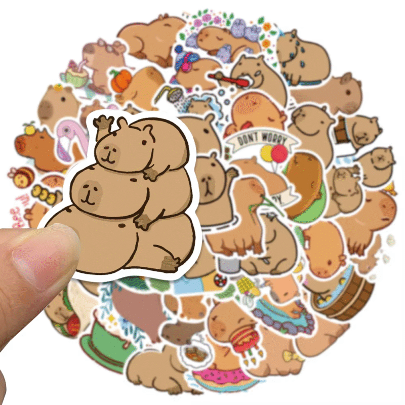 Turn heads and inspire creativity as your kids flaunt these 50 or 100 stickers of cartoon capybaras and other cute brown critters - Image 3