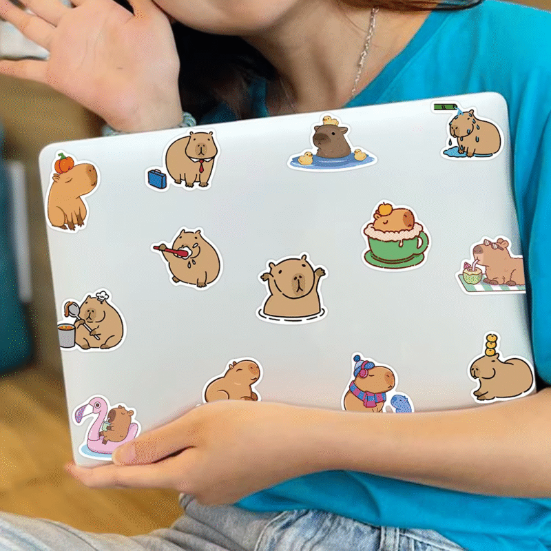Turn heads and inspire creativity as your kids flaunt these 50 or 100 stickers of cartoon capybaras and other cute brown critters - Image 4