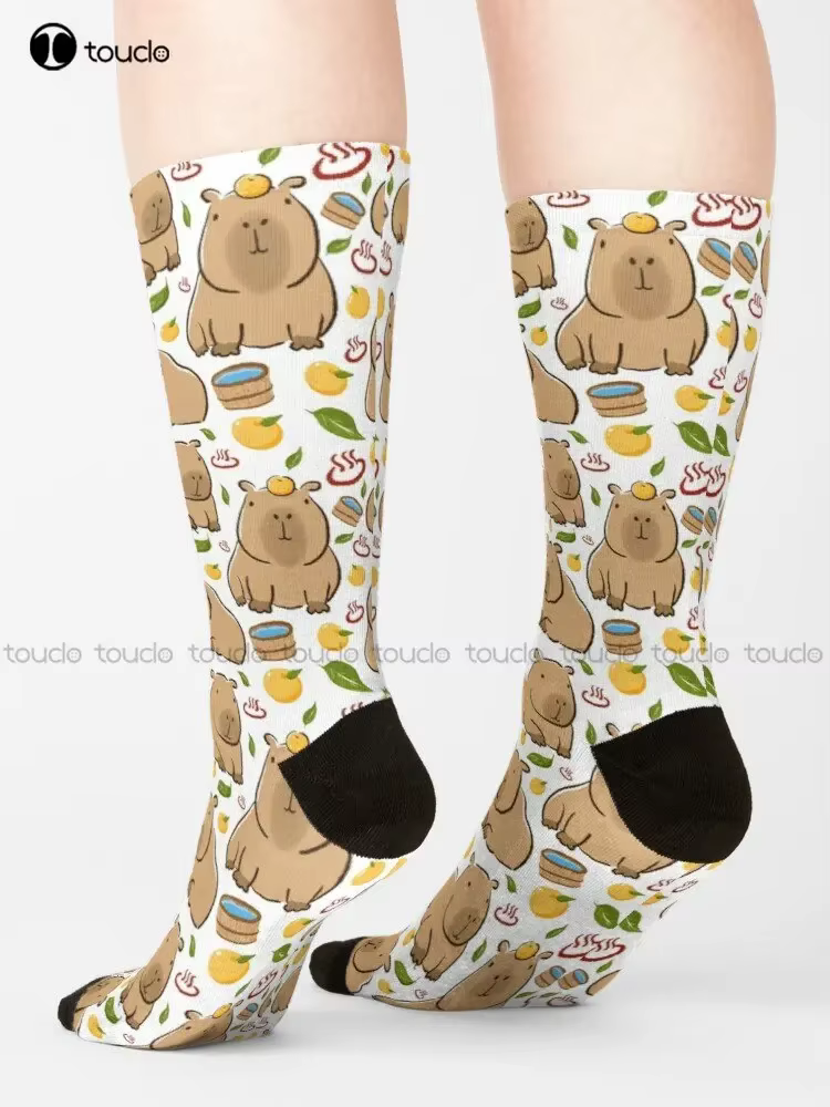 These cozy, customized capybara socks with a Yuzu Onzen bath pattern are perfect for adults and children, as they are printed all the way around and have a 360° digital design - Image 3