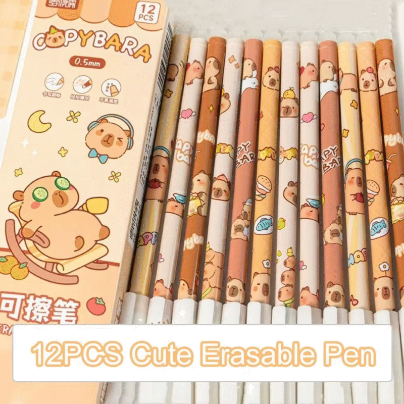 Aesthetic Student Gel Pen Writing Supply, 12 Pieces, Cute Capybara Erasable Pen, Kawaii Blue Ink Panda Erasable Pen, 0.5mm - Image 2