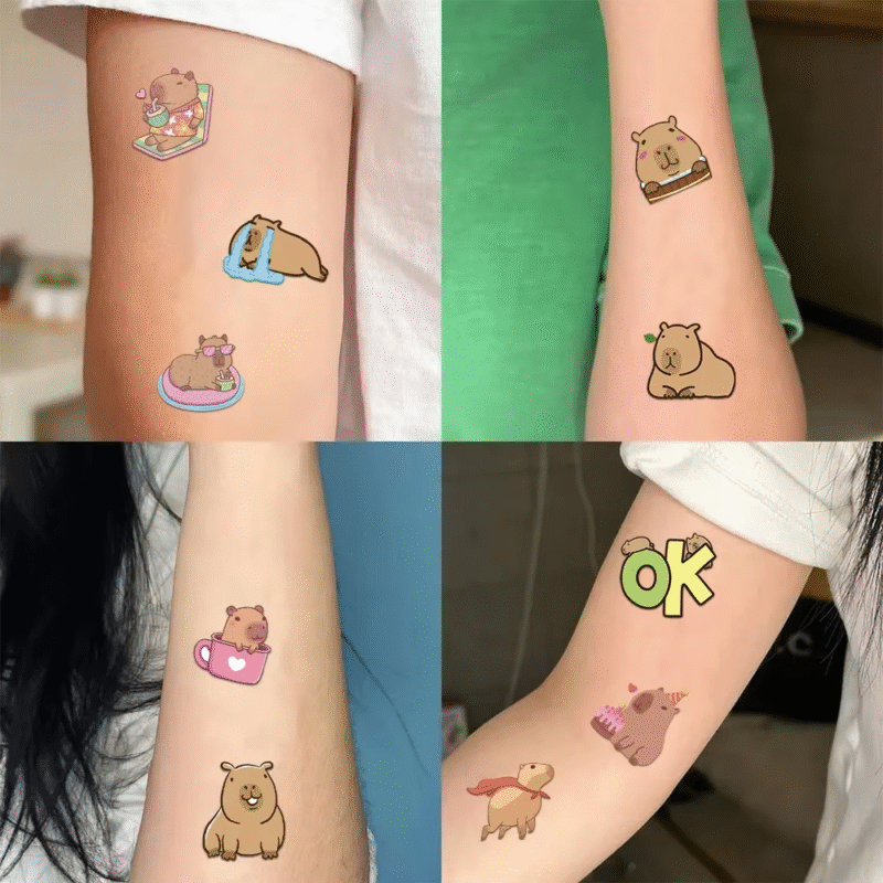 A set of 10 waterproof face and body sticker tattoos of the capybara for children’s birthday parties, baby showers, and other celebration.