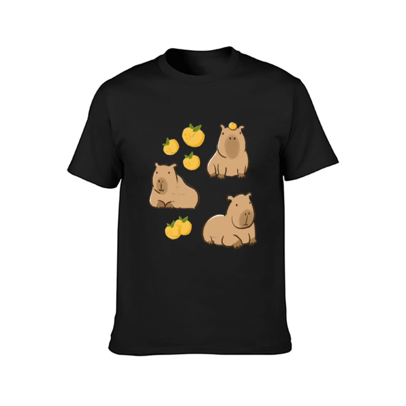 T-shirts from men's affliction line with designs that include a capybara family and cute capybara, capybaras sitting, carpincho, and adorable capybara.