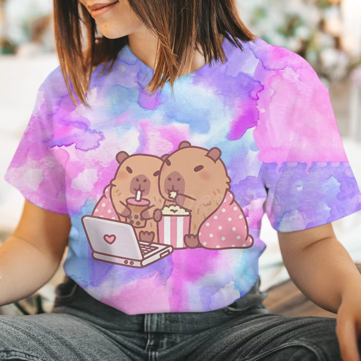 Women’s Fashionable Capybara Bubble Tea Boba Graphic T-Shirts Kawaii Cartoon Tie-dye Adorable Clothes For Animal Lovers Capybara T-Shirt Design