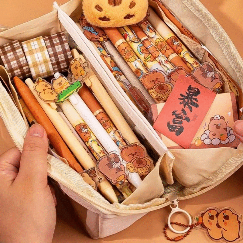 This case is designed in a cute capybara pattern and is a large pencil case designed to hold multipurpose stationery with large capacity which has 9 layers for easy storage and access - Image 2