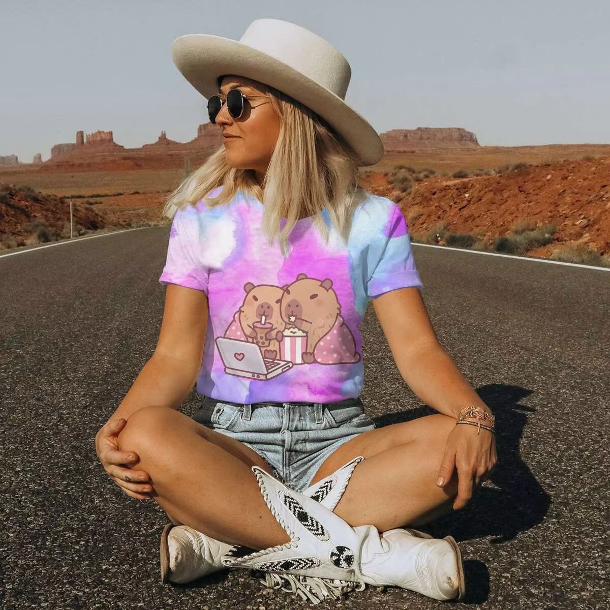 Women’s Fashionable Capybara Bubble Tea Boba Graphic T-Shirts Kawaii Cartoon Tie-dye Adorable Clothes For Animal Lovers Capybara T-Shirt Design - Image 2