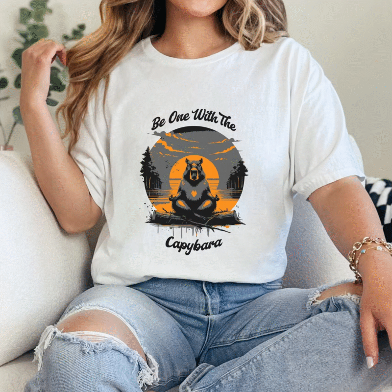Channel the ultimate chill and capybara spirit with the Be One With Him - Adorable Capybara Retro Sunset T-Shirt for Animal Lovers