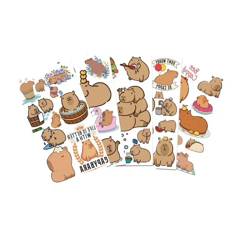 Ten sheets of waterproof kids' temporary face and body tattoo stickers featuring charming capybara designs - Image 2