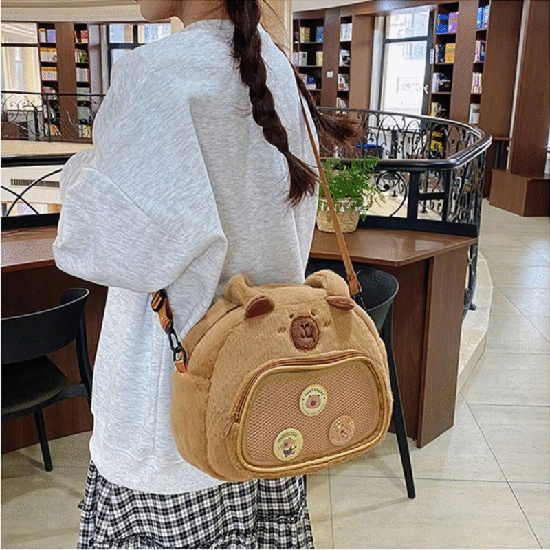 Stylish Cotton Cartoon Capybara Handbag with Plush Shoulder Bag and Large Zippered Compartment - Image 3