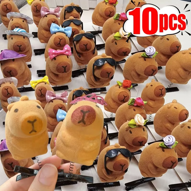 Set of 5 or 10 Kawaii Bow 3D Capybara Animal Plush Hairpin Funny Style Duckbill Clips Headdress Presents for Kids