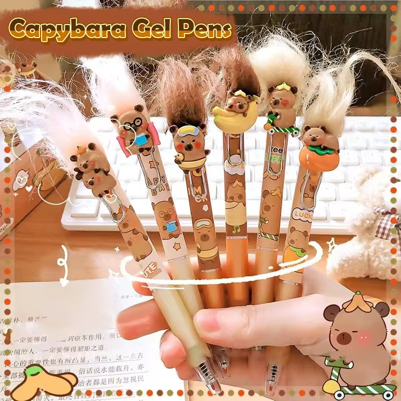 Kids' Kawaii Stationery, Cartoon Cute Frying Hair Capybara Gel Pens, Office Supplies, and Back–to–School Writing Pens