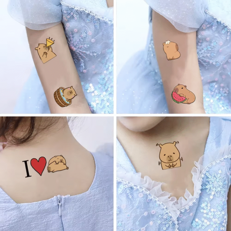 Ten sheets of waterproof kids' temporary face and body tattoo stickers featuring charming capybara designs - Image 5