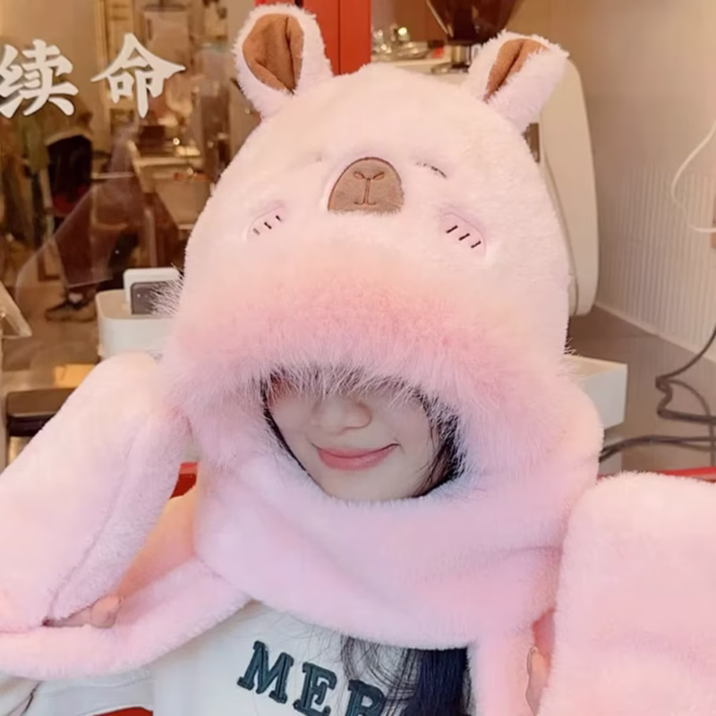 Faux Rabbit Hair Capybara Hat Scarf Gloves Set Cartoon Soft 3-in-1 Hat Warmer Ear +h Hooded Scarf Girls