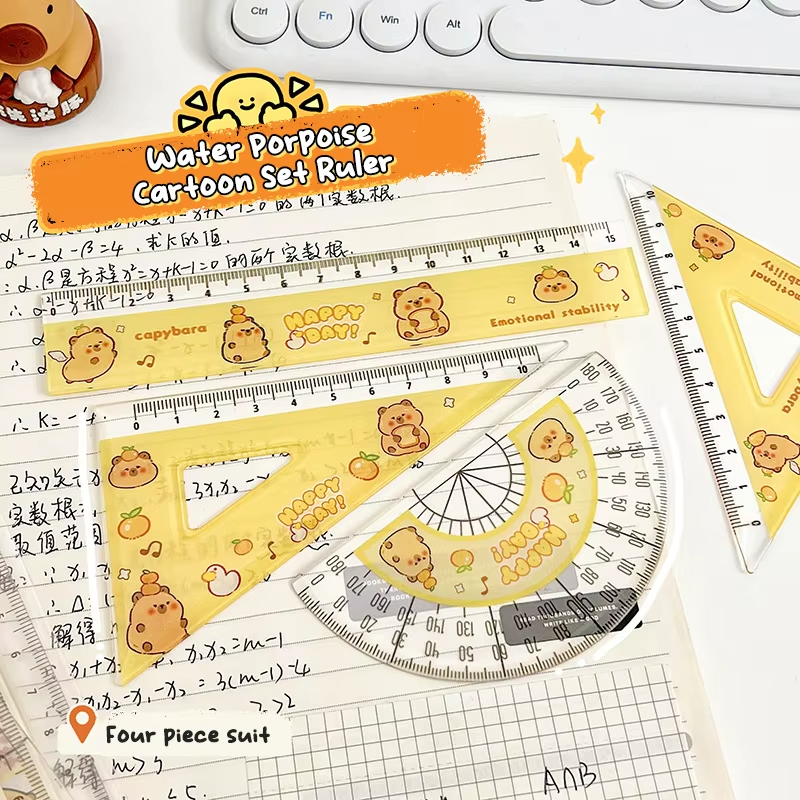 Cartoon designed plastic capybara rulers set with a straightedge and a translucent protractor which is clear, easy-to-read, and extremely portable. Both school and office friendly. - Image 2