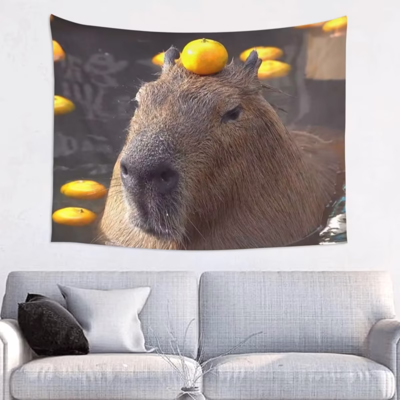 The Funny Capybara Meme Tapestry adds eccentricity and an abundance of color to any setup