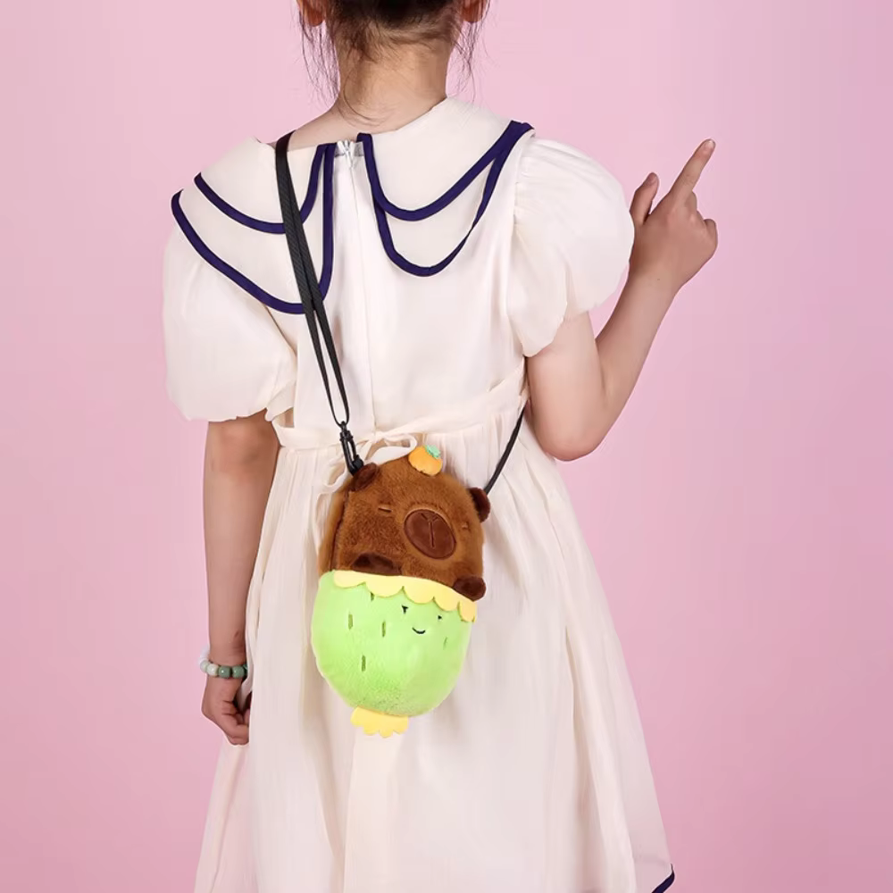 Zippered Capybara Crossbody Bag (Radish Plush Capybara) Stuffed Cartoon Animal Bucket Bag for School - Image 3