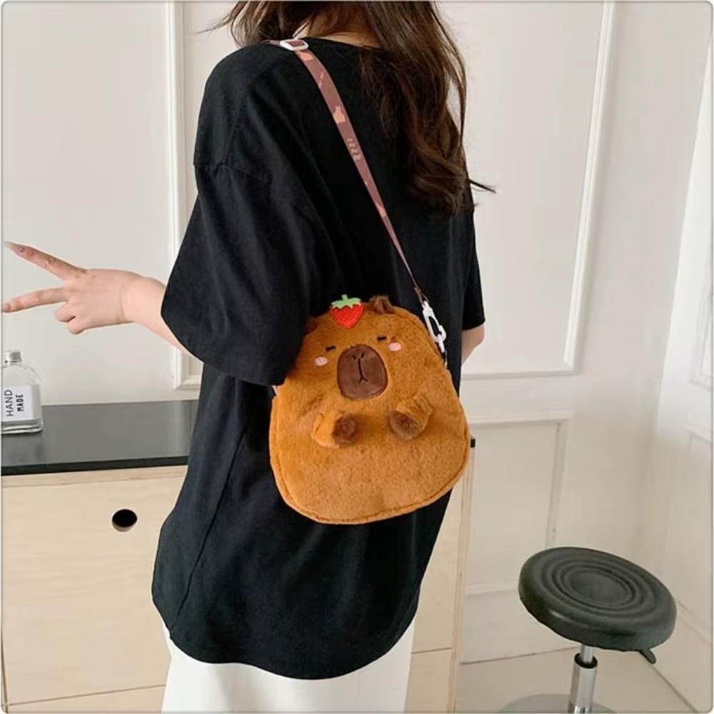 Fluffy-ins Anime Capibala Shoulder Bag with Orange Capybara Plush Backpack with Soft Large Capacity Shoulders for Two Use - Image 2