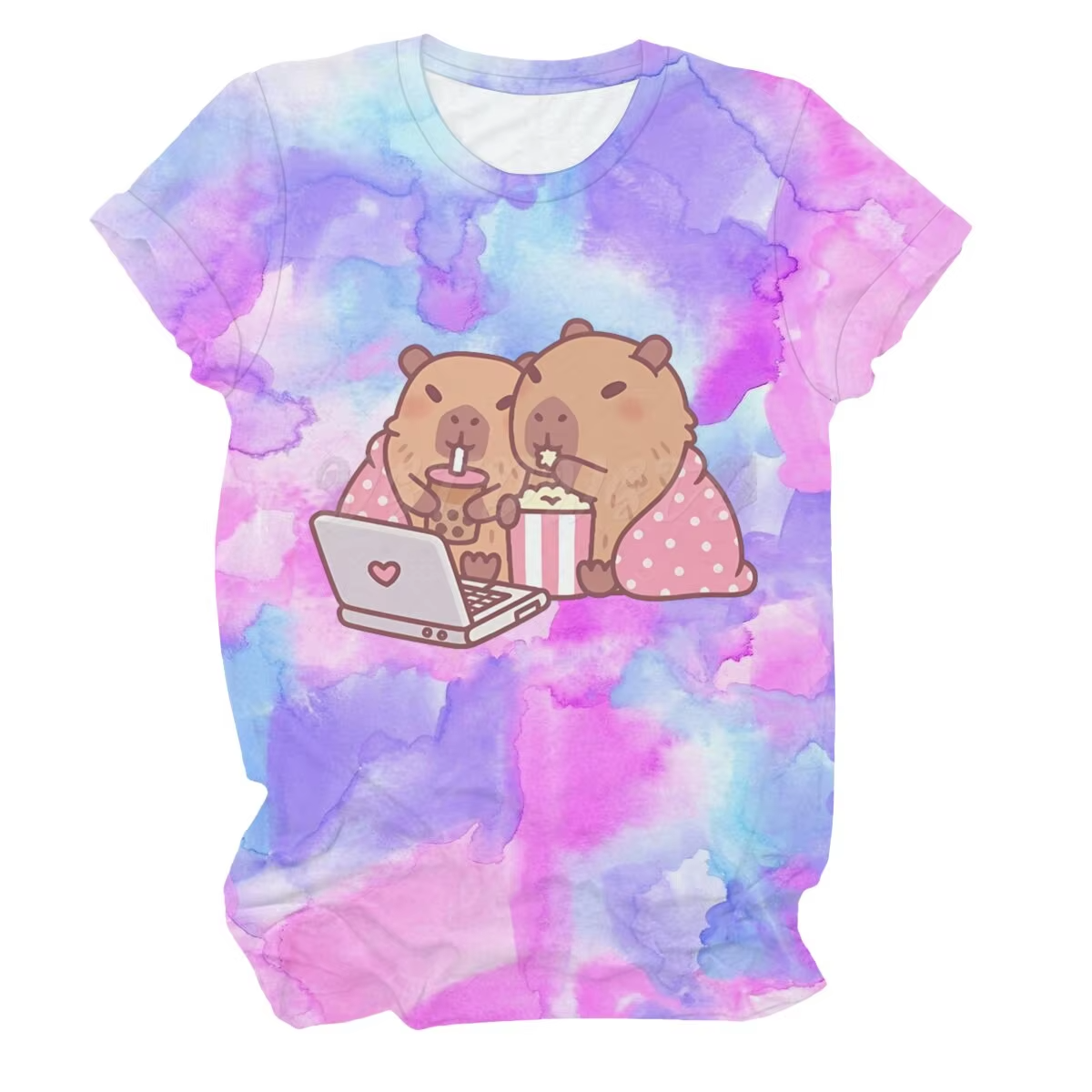 Women’s Fashionable Capybara Bubble Tea Boba Graphic T-Shirts Kawaii Cartoon Tie-dye Adorable Clothes For Animal Lovers Capybara T-Shirt Design - Image 3