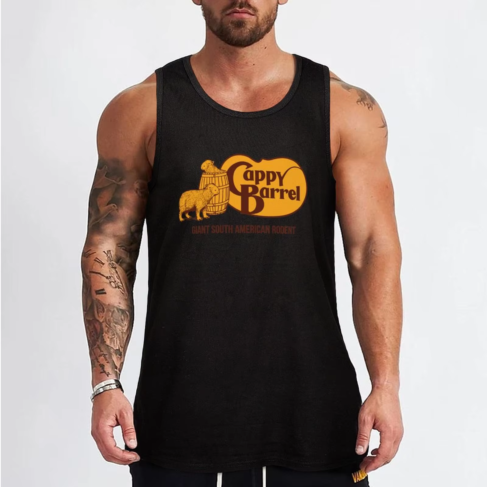 Tank Top sportswear for men’s gym attire, capybara country store logo, and Cappy Barrel Sleeveless