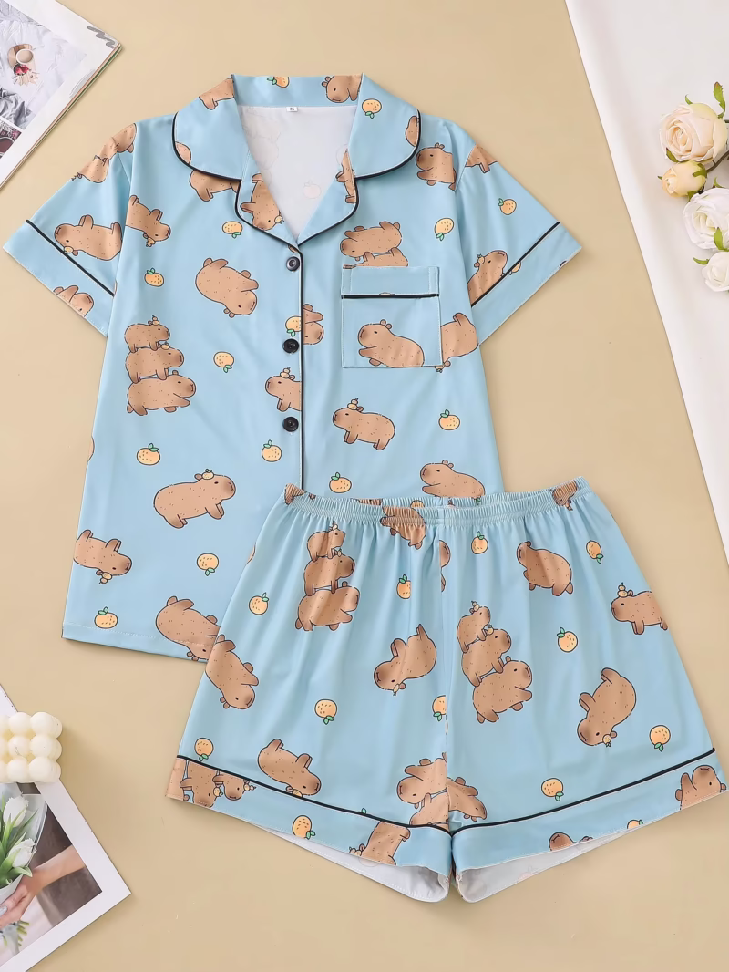 Women's cute pajamas set with a blue background, loose capybara pajamas, and a short sleeve top with a capybara cardigan. - Image 3