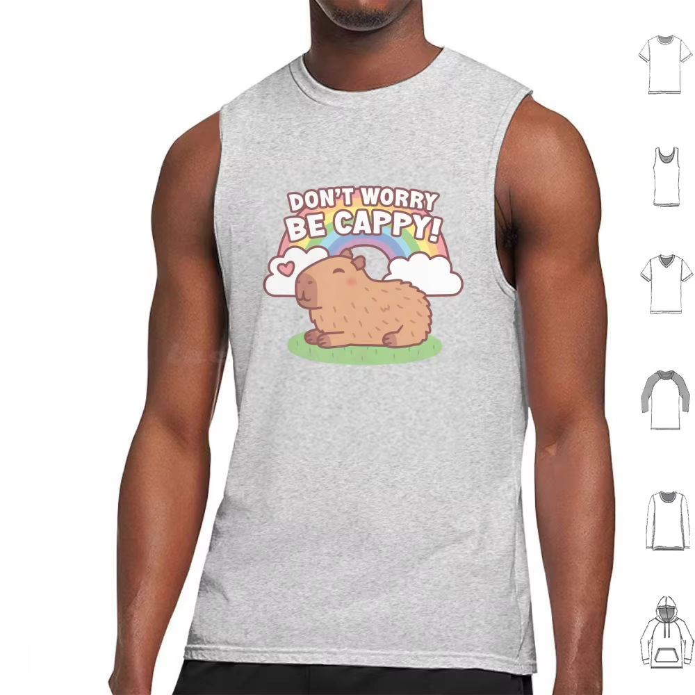 Simple and carefree vibes with adorable rainbow and capybara “Don’t Worry Be Cappy” Tank Top Vest. Snap to send the summer months to the capybara and rainbow wherever they go knee-slapping humorous