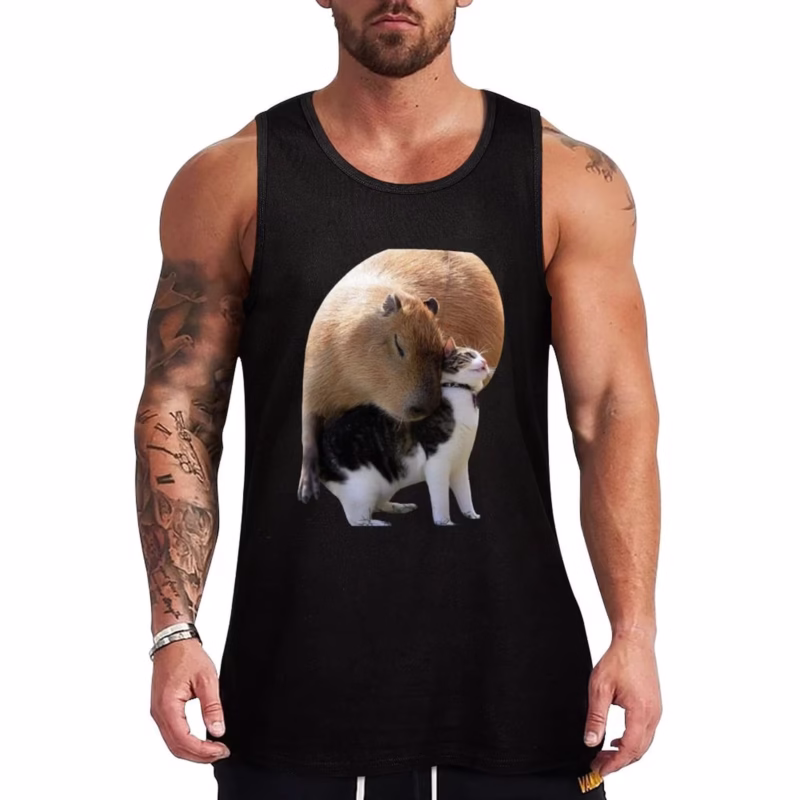 Men's tank tops for bodybuilders accompanied with a graphic of capybaras and cats.